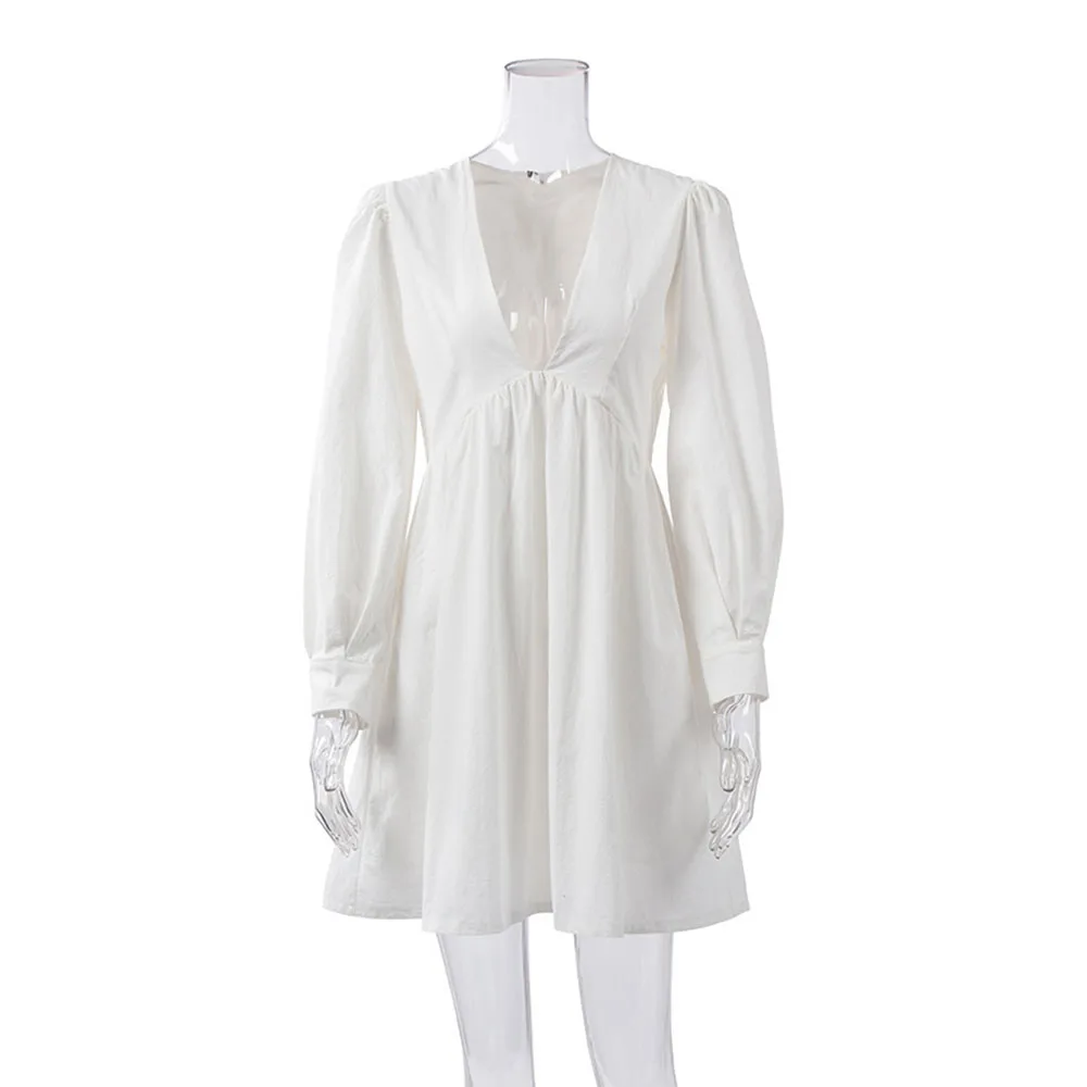

Casual Loose Oversize Hem Mini Dress 2021 Women Autumn Sexy Deep V Neck Puff Sleeve White Black A-line Dresses Woman Party Dress