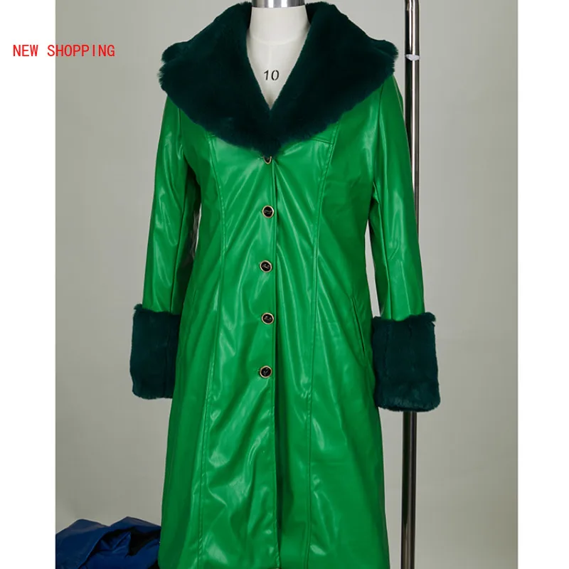 2023 X-long Leather Coat Fur Collar Winter Solid Color Lapel PU Zipper Plus Size Overcoat Casual Womens Jackets Parkas Black New