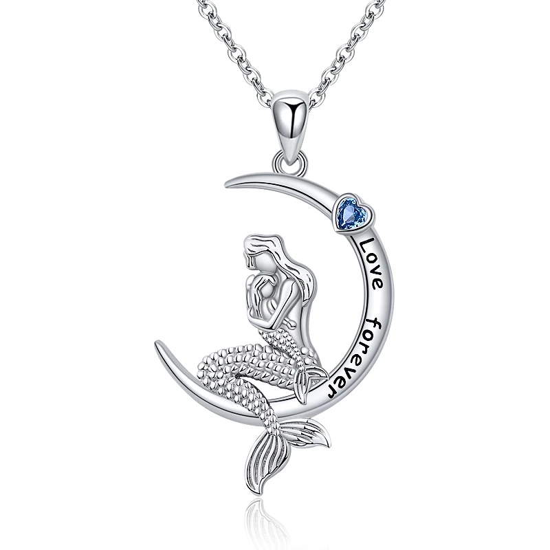 

925 Sterling Silver Classic Sea Mermaid Crescent Moon Necklace Pendant Valentine's Gifts Jewelry for Girls Women Daughter Gift