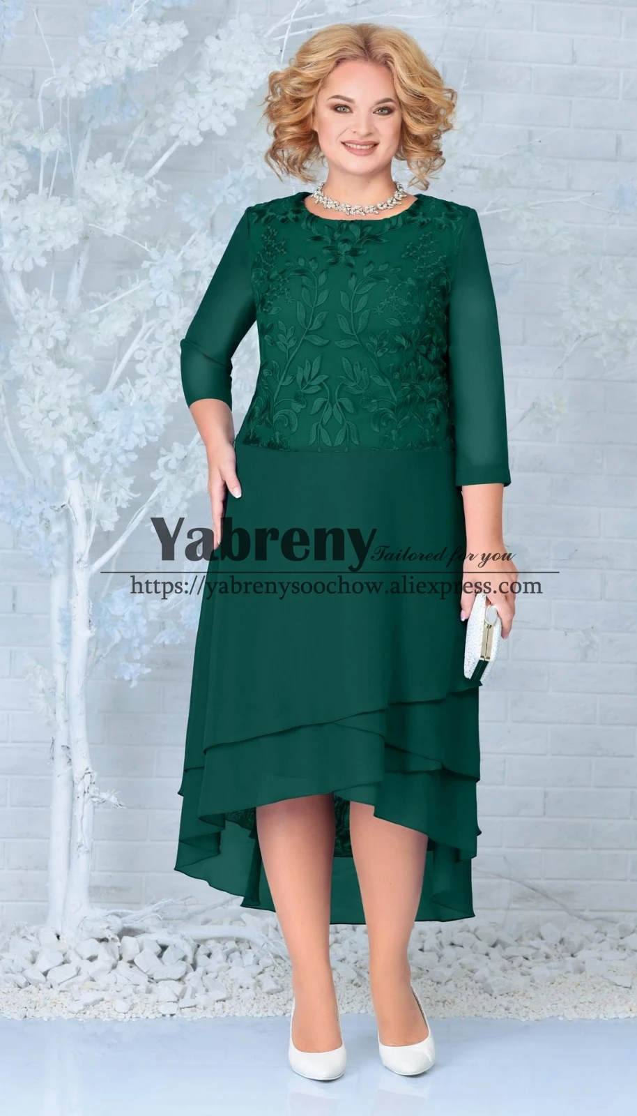 

Plus Size Mother of the Bride Chiffon Dress With Lace Women's Hi-Lo Skirt Green