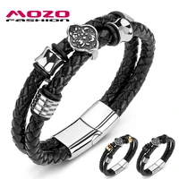 2020 new men trendy bracelet braided genuine leather stainless steel fower punk bangle women jewelry