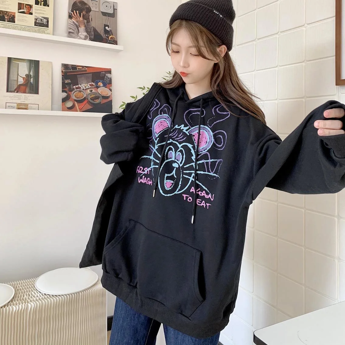 Женская кашемировая толстовка с капюшоном свободная круглым вырезом и длинным