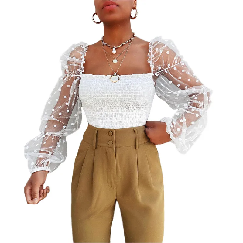 Модная женская однотонная повседневная сетчатая блузка в горошек с открытыми