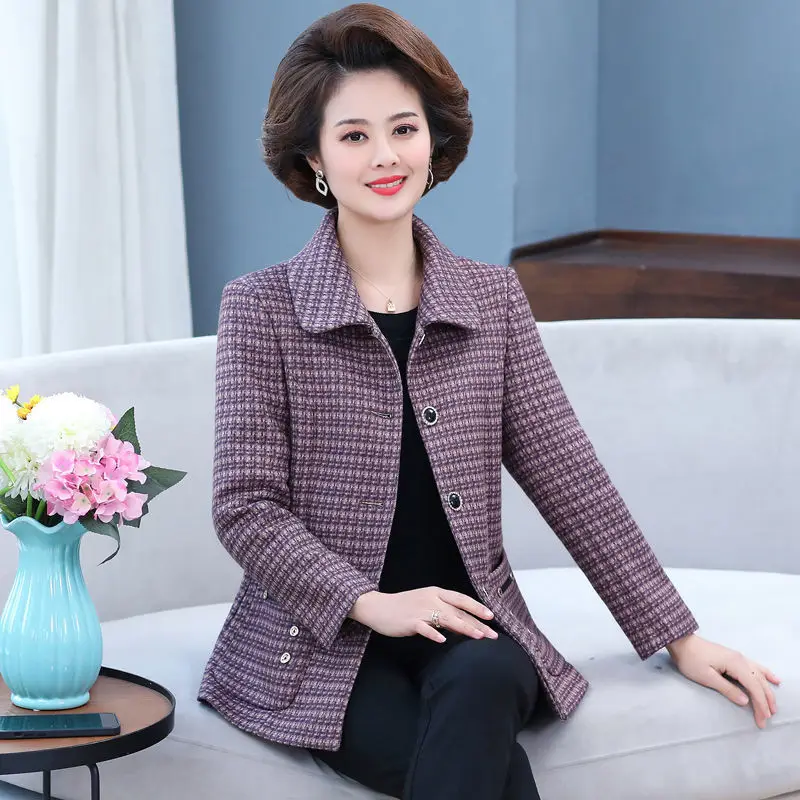 

Женское короткое Свободное пальто, сезон весна-осень 2021, Женская однобортная клетчатая куртка, шерстяные пальто для дам среднего возраста ...