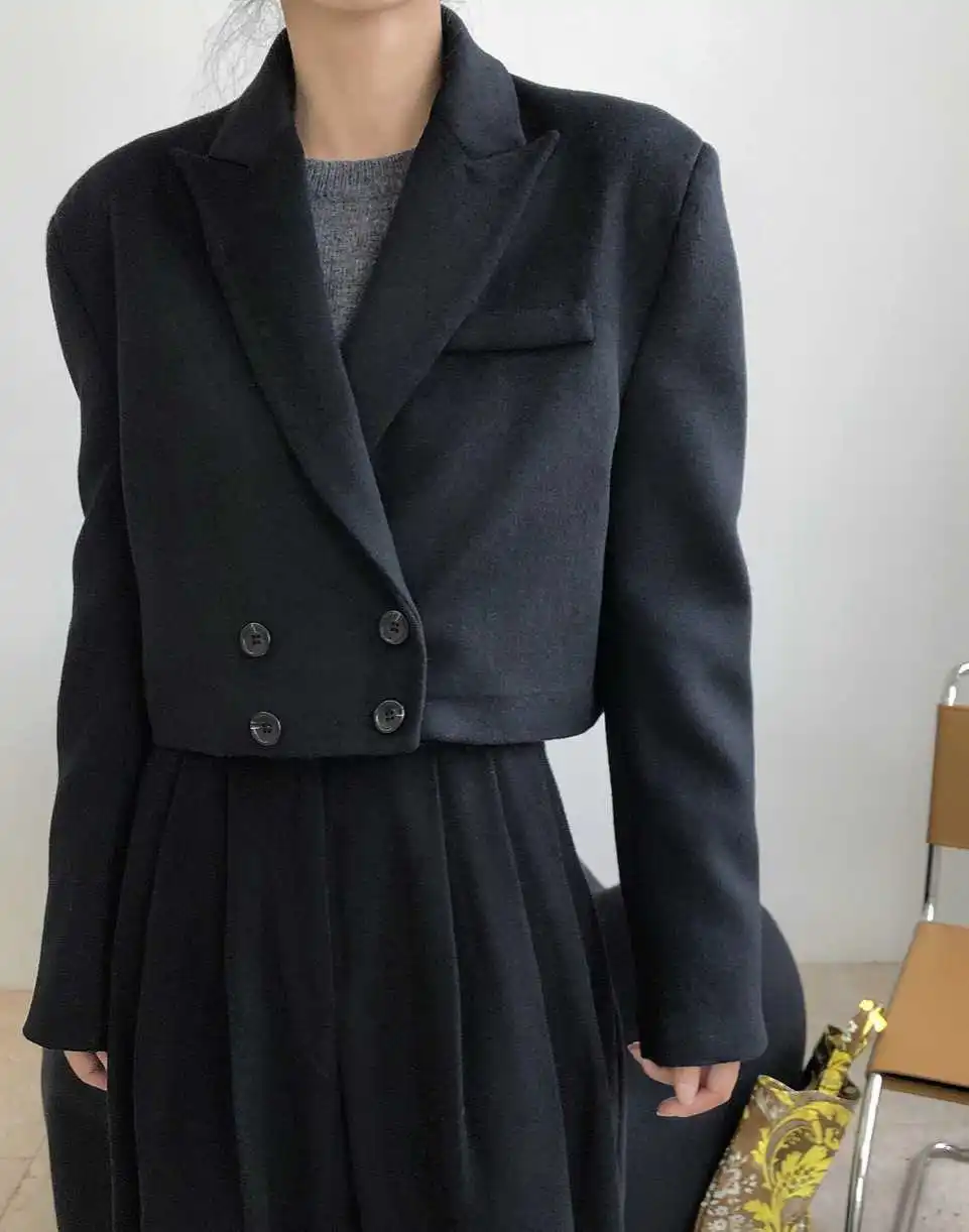 

SHENGPALAE Temperament Wool Blazer Women's Autumn 2021 New Notched Loose Doouble Breasted Long Sleeve Short Suit Coat Female