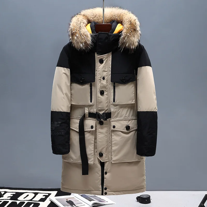 Мужской длинный пуховик с воротником из натурального меха водонепроницаемый