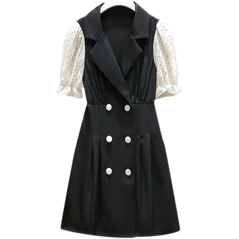 

L-4XL Plus Size Dress For Women 2021 Summer Elegant Large Notched Collar Dot Short Sleeves Patchwork Black Office Lady Dresses