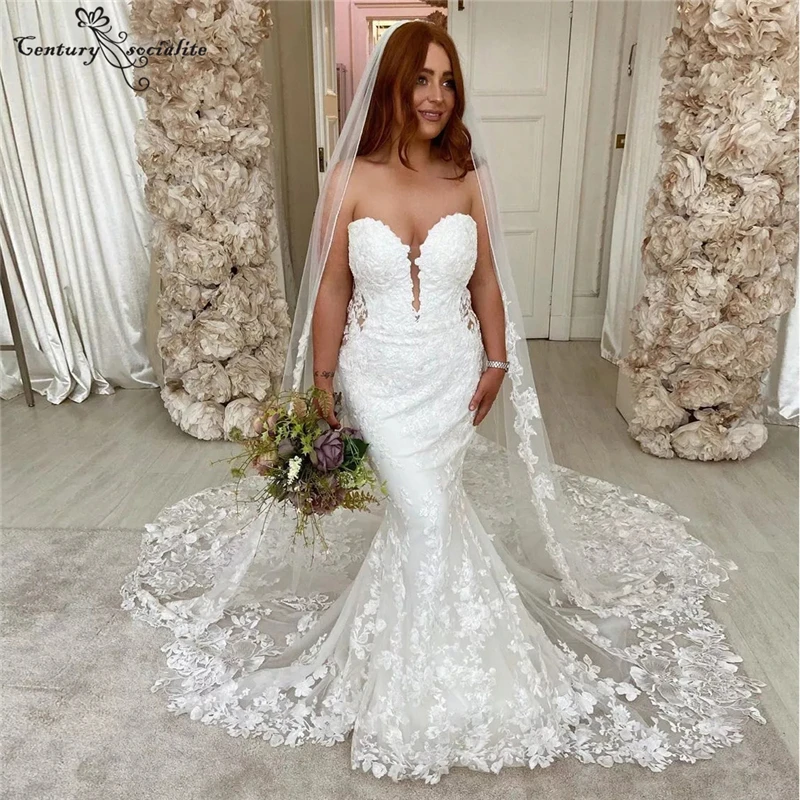 

Elegant Mermaid Wedding Dress 2020 Lace Appliques Strapless Zipper Plus Size Bride Dresses Bridal Gowns Vestido De Noiva