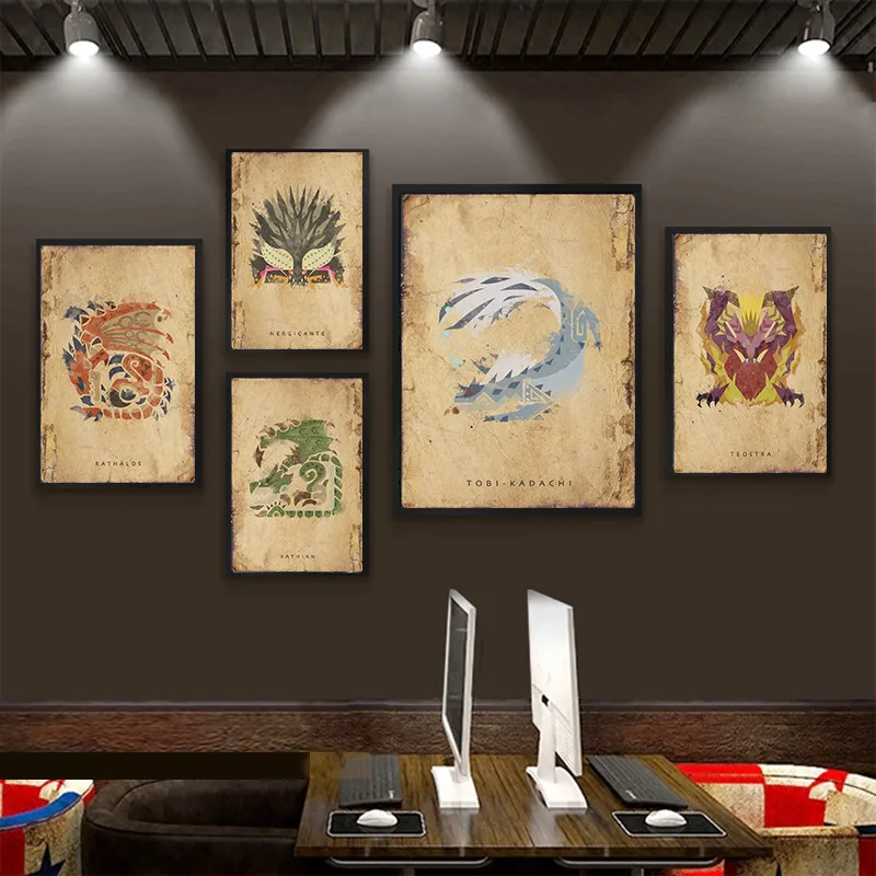 

Home Decor Modular Canvas Picture 5 Monster Hunter poster hanging painting Japanese games anime retro study bedroom canvas core