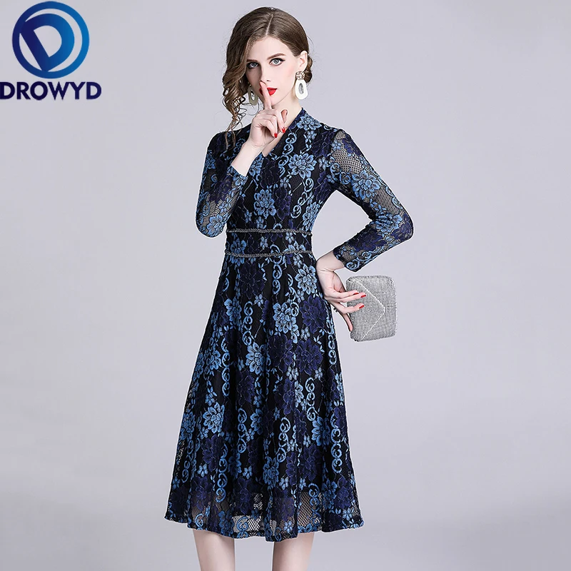 

Fashion Elegant Lace V-neck Midi Dress for Women Autumn Boho Long-sleeved Blue Floral Dress Vintage Club Party Dresses Vestidos