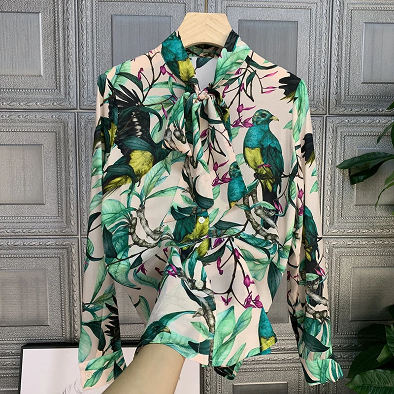 

Brand Design Women Clothes 2021 Autumn High Quality Chiffon Elegant Bow Tie Casual Shirt Green Print Ladies Commuter Top Clothes