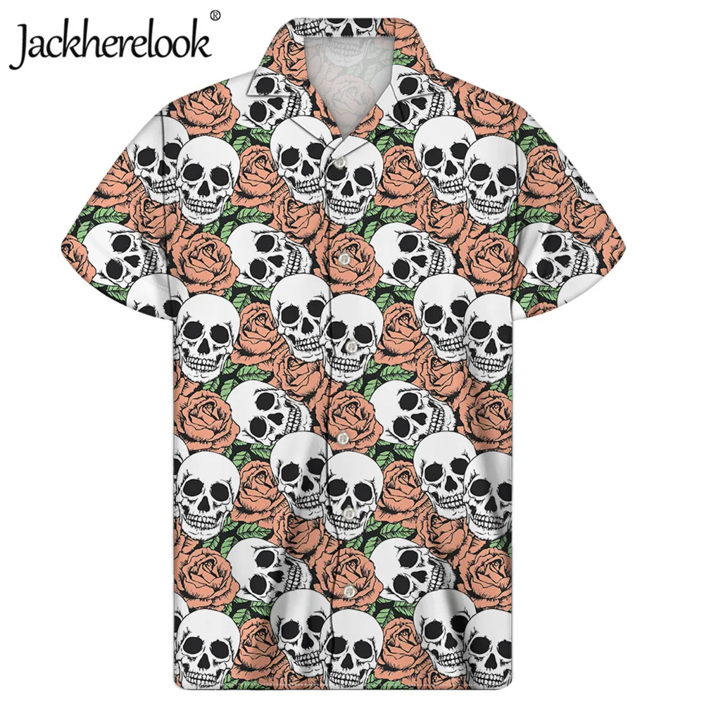 

Jackherelook Rose Skull Print Floral Gothic Shirts Hawaiian Clothes Summer Short Sleeve Top Shirt Turn-down Collar Chemise Homme