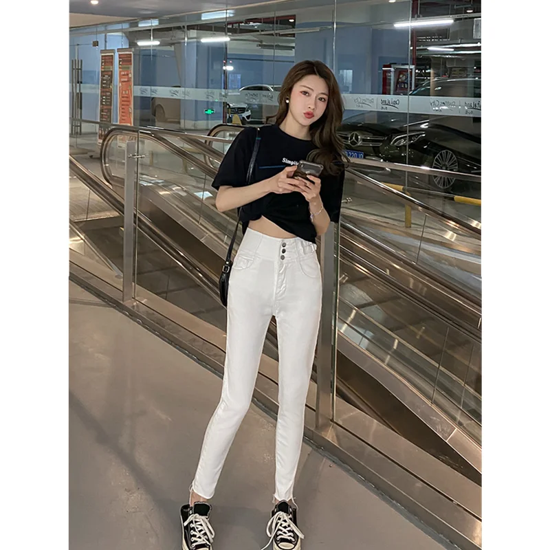 

2021 Fashion New Spring Women's Waist Pants Women's High Waist Single-breasted Pencil Pants Skinny Jeans Trend