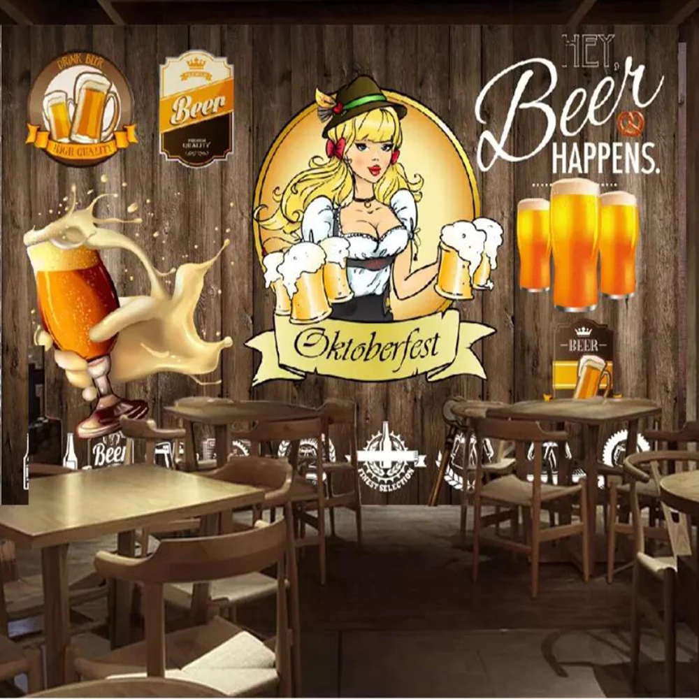 

Milofi custom 3D wallpaper mural retro nostalgic beer girl dining background wall living room bedroom decoration painting wallpa