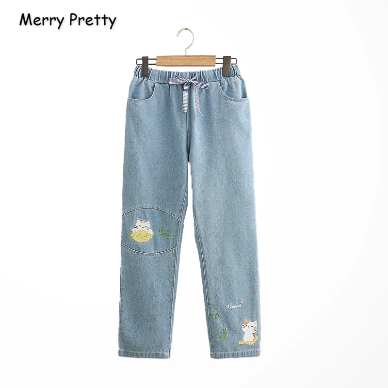 

Women's Denim Pants Cartoon Cat Embroidery Pockets Jeans For Girl 2020 Spring New High Waisted Casual Straight Pant MERRY PRETTY