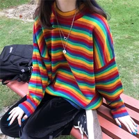 2020 AutumnWinter High Street Hip-hop Rainbow Stripe Loose Sweater Punk Harajuku Loose Fashion Casual Womens Blouse Pullover