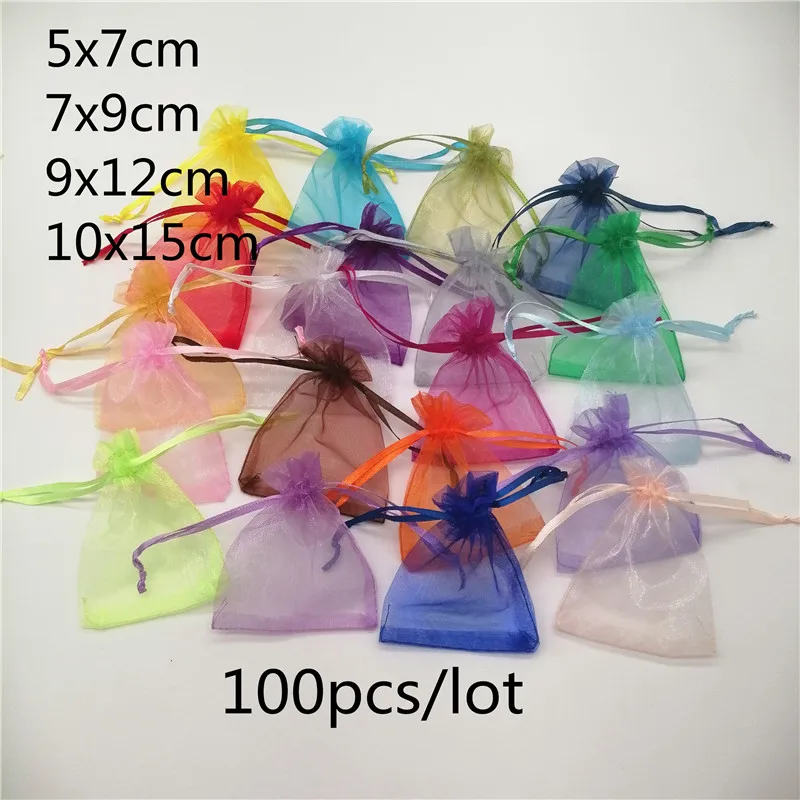 100 шт./лот 5x 7/7x 9/10x15 см органза мешочек для ювелирных изделий сумка на шнурке