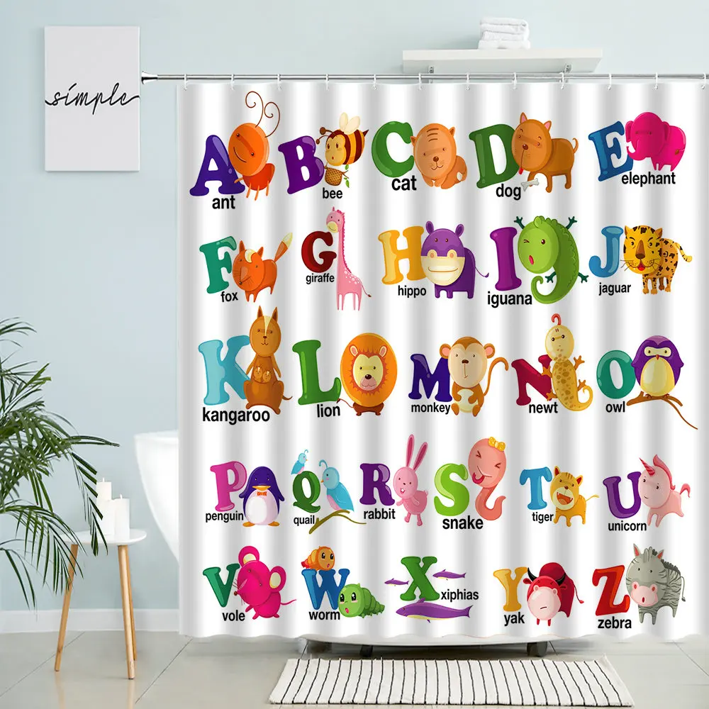 

Cartoon Fun Animal Alphabet Shower Curtain Child Kids Baby Bathing Screen With Hook Waterproof Fabric Cloth Home Bathroom Decor
