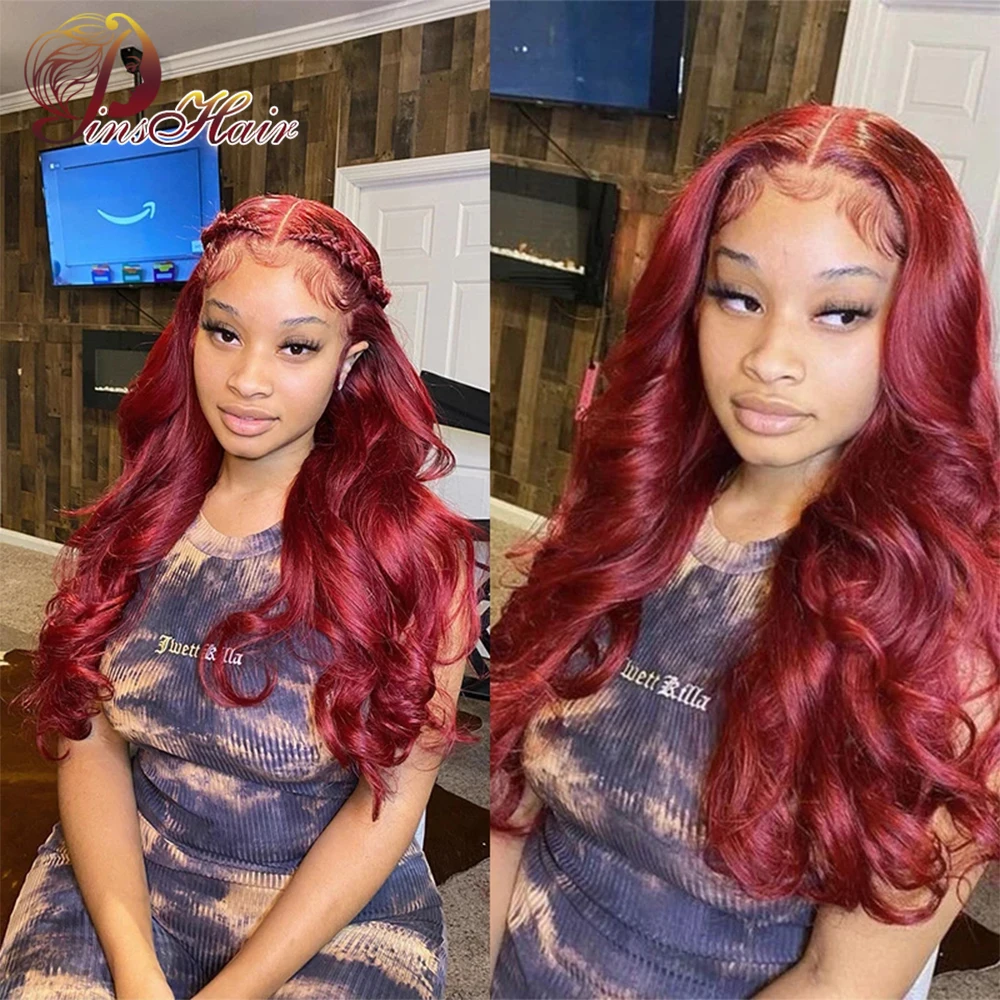 

99J 13×4 Lace Frontal Wig For Women Pre-Plucked Transparent Lace Brazilian Body Wave Human Hair Wigs Red Color 180% Density Remy