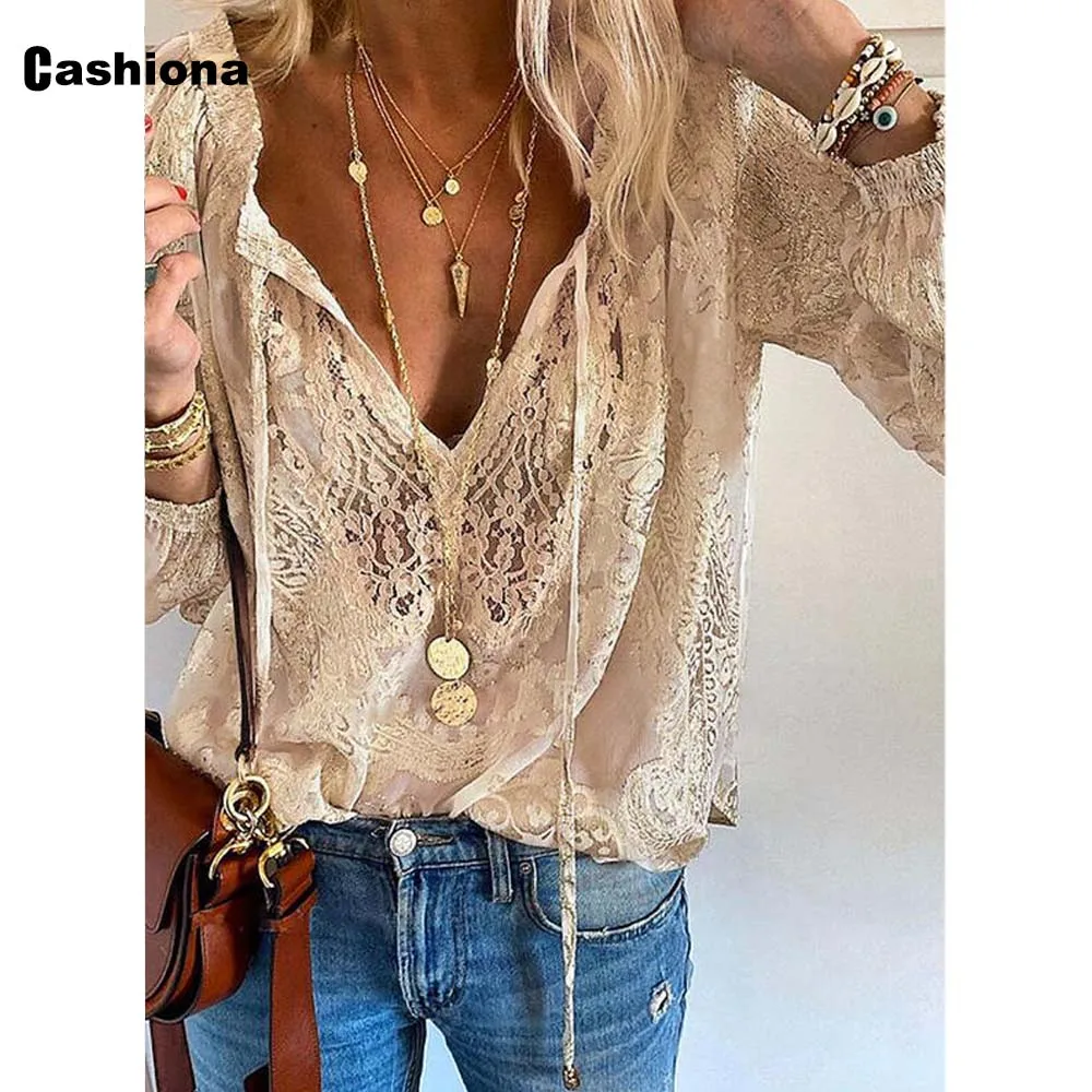 Plus Size 3xl Women Latest Casual Shirt Lace-up V-neck Blouse Long Sleeve Summer Top Womens Hollow Out Lace blusas Tunic Clothes