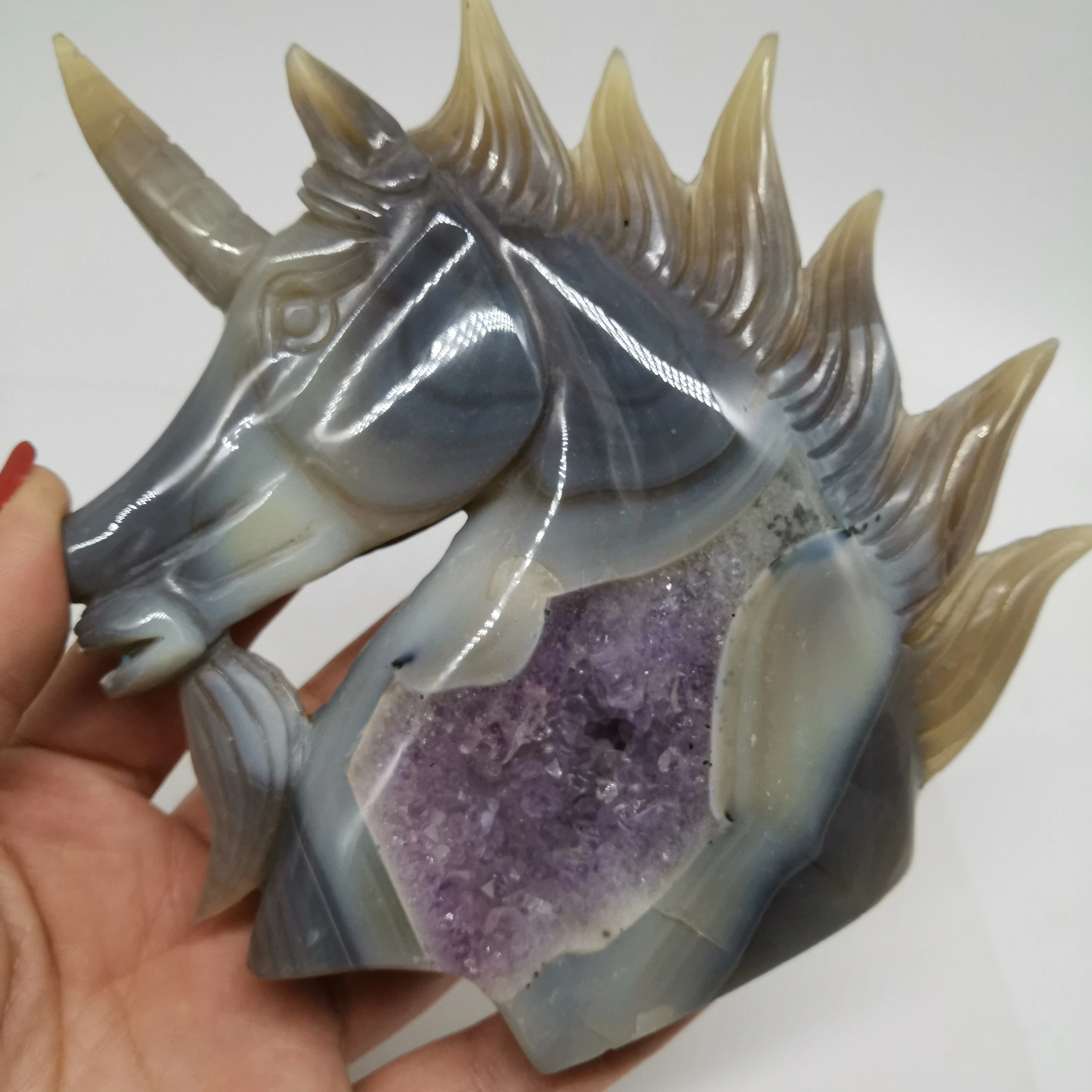 356 г высокое качество и изысканный резной натуральный агат геоде Единорог