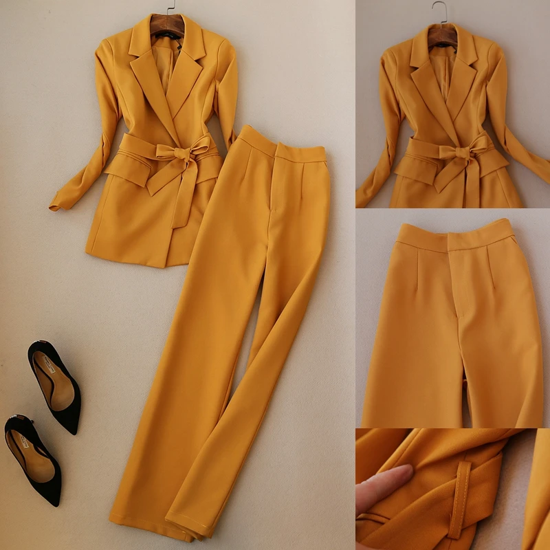 

Lace Up Suit Fashion Slim Blazer & High Waist Pant OL Style Female 2 Pieces Set Women Suits
