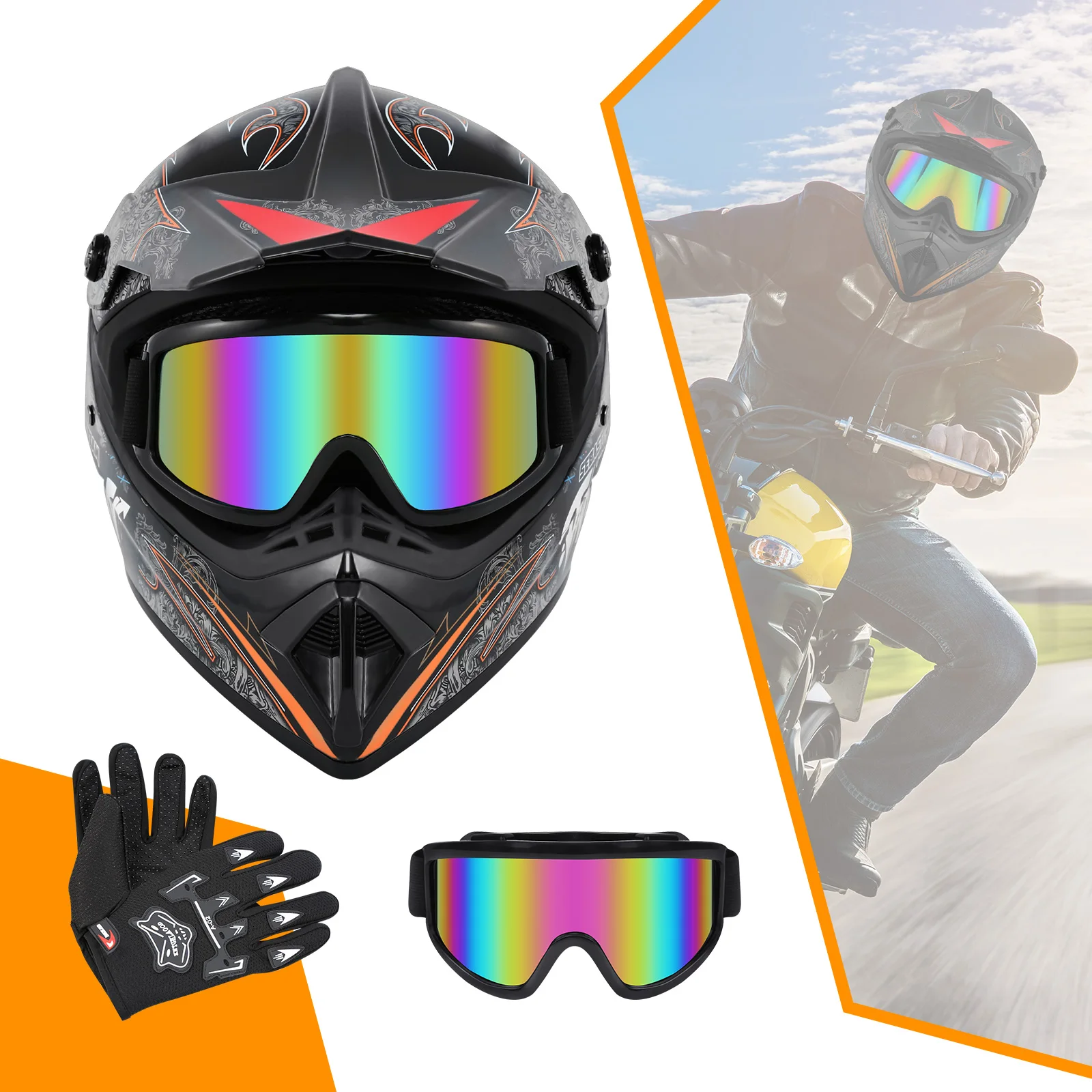 

Samger Full Face Motocross Helmet DOT Off Road Dirt Bike Bicycle ATV Casco Capacetes W/Goggle Gloves Abstract Style Matte Black