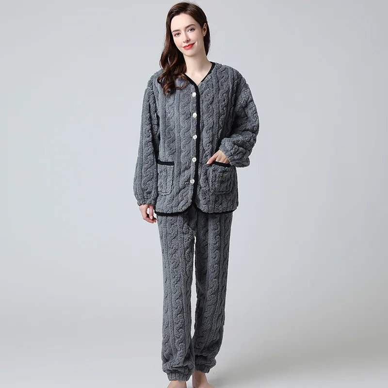 Серые коралловые флисовые пижамные комплекты женская теплая рубашка и брюки