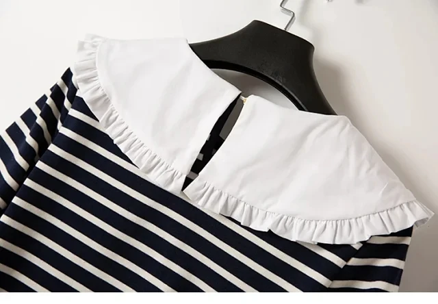 

White Peter Pan Collar Women's t Shirt 2021 Spring New Long Sleeve Lady Stripes Tee Tops