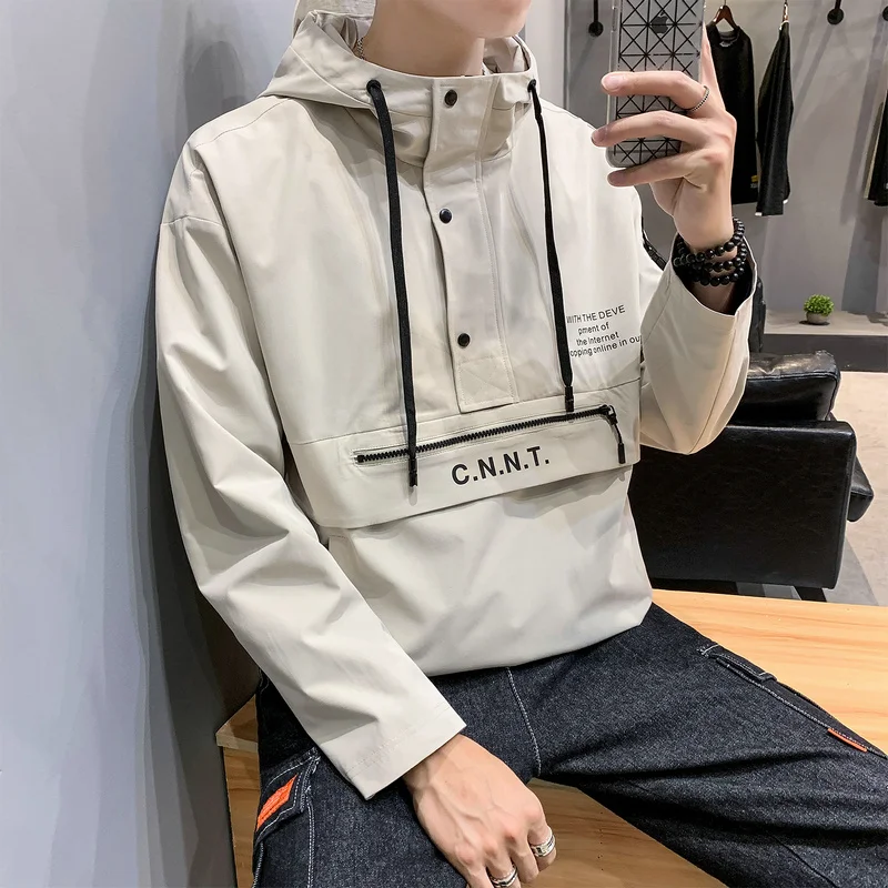 Мужская осенняя куртка с капюшоном корейский стиль черный хаки желтый размер M-5XL