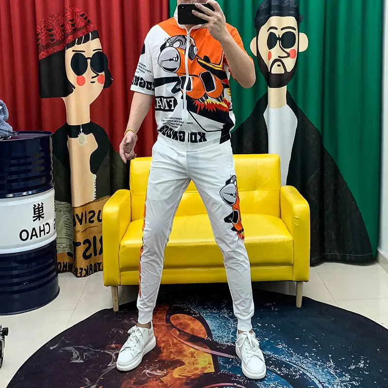 

Men's Suit Summer Cardigan Chain Casual Sports Suit Short-sleeved Top Trousers Sportswear Two-piece Men's Suit Men Clothes