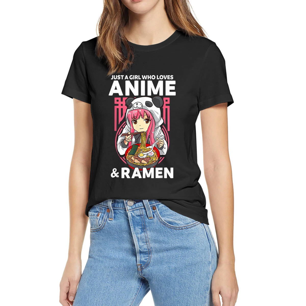 

100% Cotton Kawaii Just A Girl Who Loves Anime And Ramen Bowl Panda Teen Girl Women Casual Novelty T-Shirt Harajuku Tee Fashion