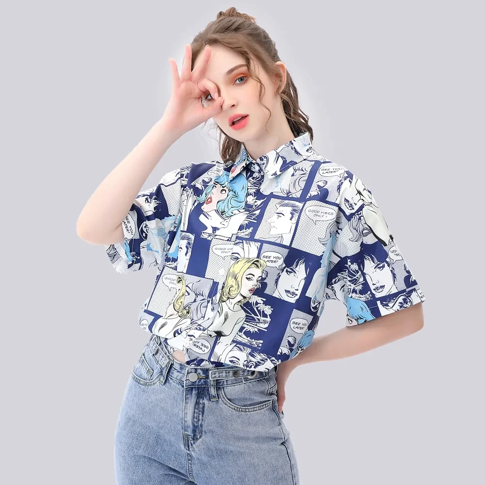 

2021 Summer Chic Japanese style Cartoon print Women Shirt Harajuku Short Sleeve Button Up Y2K Womens Blouse Loose Female Shirts