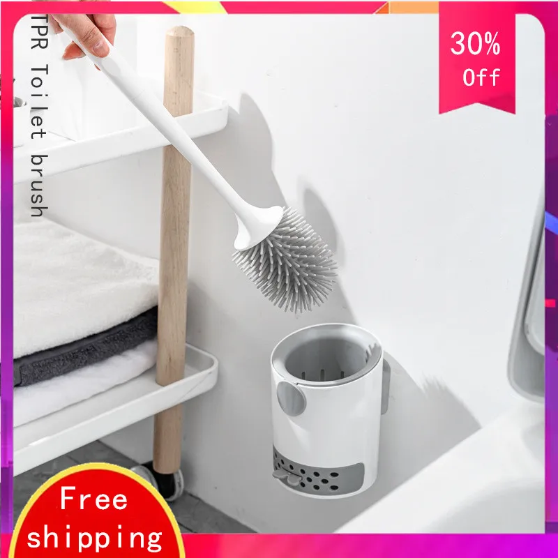 Cepillo de inodoro a prueba de fugas de agua con base de silicona, cabezal plano redondo, cerdas suaves flexibles, juego de soporte de secado r&aacute;pido-0