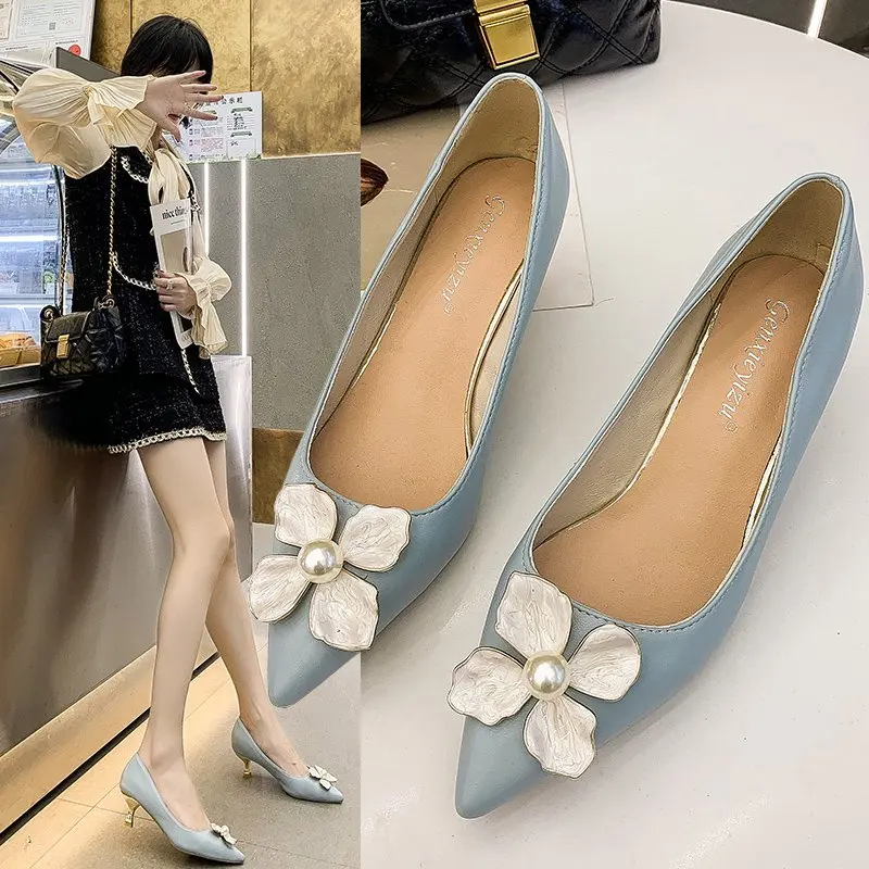 

Женские туфли-лодочки на высоком каблуке, элегантные туфли-лодочки с цветочным принтом и жемчугом, вечерние туфли на среднем каблуке, новин...
