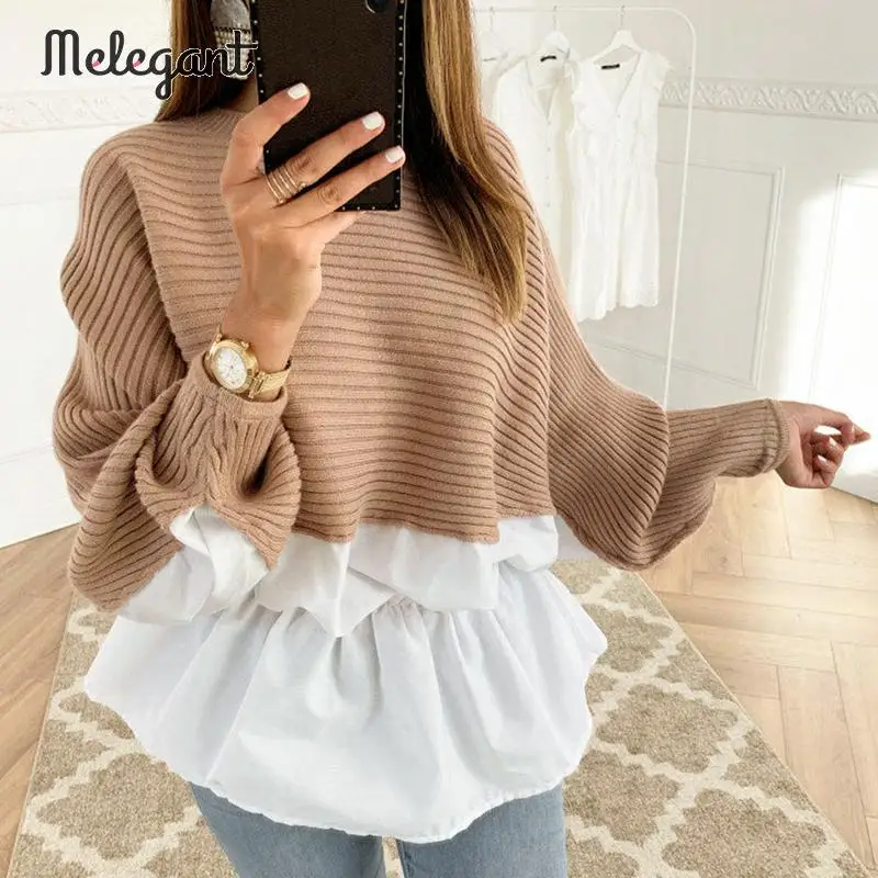 Элегантный винтажный трендовый вязаный пуловер с оборками и круглым вырезом