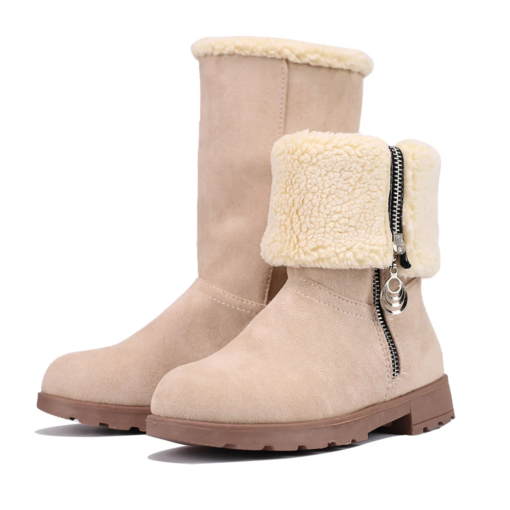 MUYGUAY-Botas de nieve para ni&ntilde;as, botines de invierno de ante, plegables, forrados de piel de media pantorrilla, con cremallera c&aacute;lida para ni&ntilde;os peque&ntilde;os-4