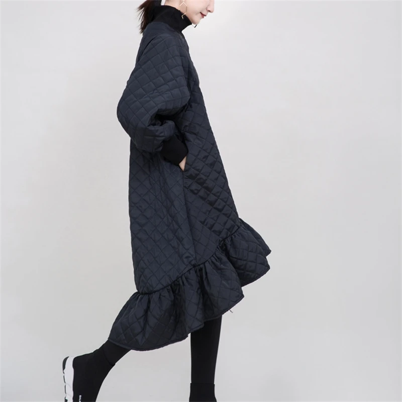

YOSICIL 2021 Autumn Winter Loose Padded Dress Women Turtle Ruffled Midi Dress Patchwork Long Sleeve Chic Dresses