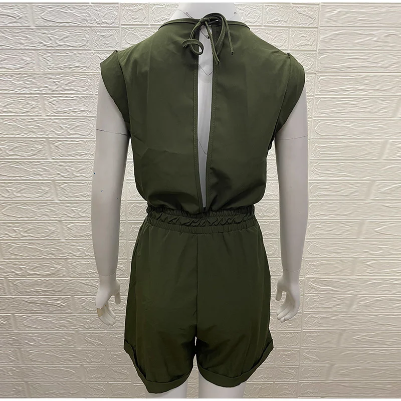 

Women Short Playsuit V-neck Sleeveless Solid Backless Ladies Overalls Paysuits Large Size 3XL Loose Tunic Summer Casual Rompers