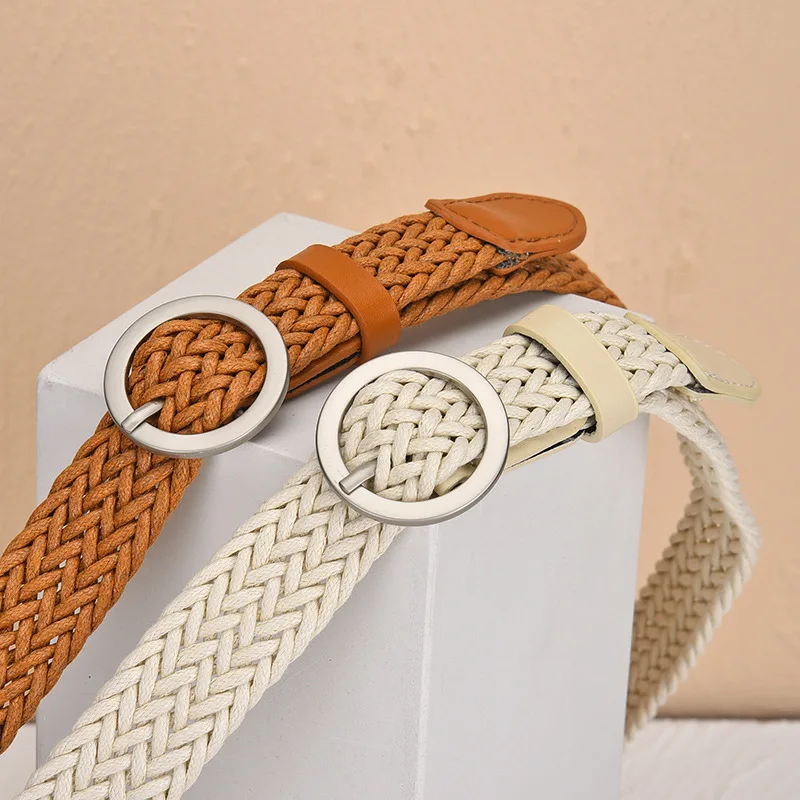 

Women's belt woven round buckle Korean retro woven women's belt student belt