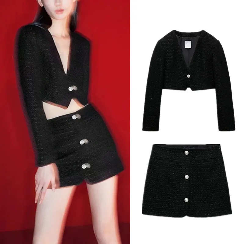 

Новинка зимняя женская одежда текстурированный короткий черный блейзер на одной пуговице с V-образным вырезом + текстурированная мини-юбка ...