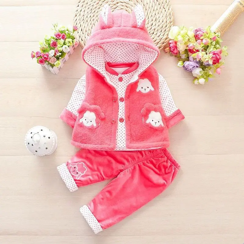 

Baby Cold Winter Outdoor Suit Newborn Girls Thick Warm Flower Coat Vest Pant 3Pcs Snowsuit Infant 1Year Birthday Photography Set