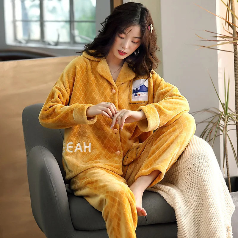 

Женские пижамы из плотного флиса; Сезон весна-осень-зима; Фланелевые пижамы из кораллового флиса; Комплект домашней одежды из двух предмето...