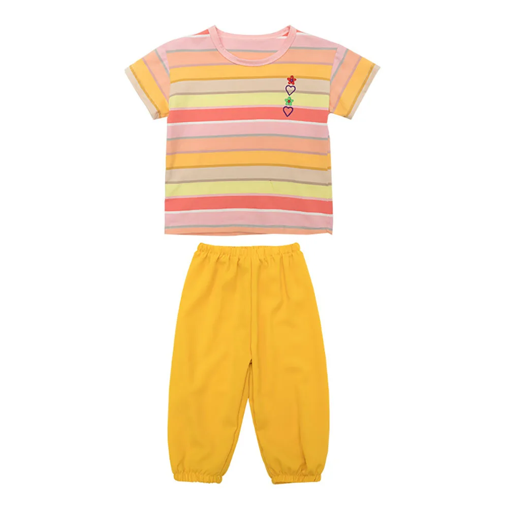 

2021 New Summer Kids Baby Girls Clothes Sets Striped Short Sleeve T-Shirts Tops+Loose Pants 2Pcs Casual Children Clothes 1-6Y