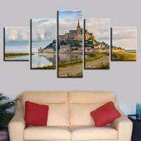 5 panel castle building canvas framework wall art poster home decoration modern living room hd print painting modular pictures