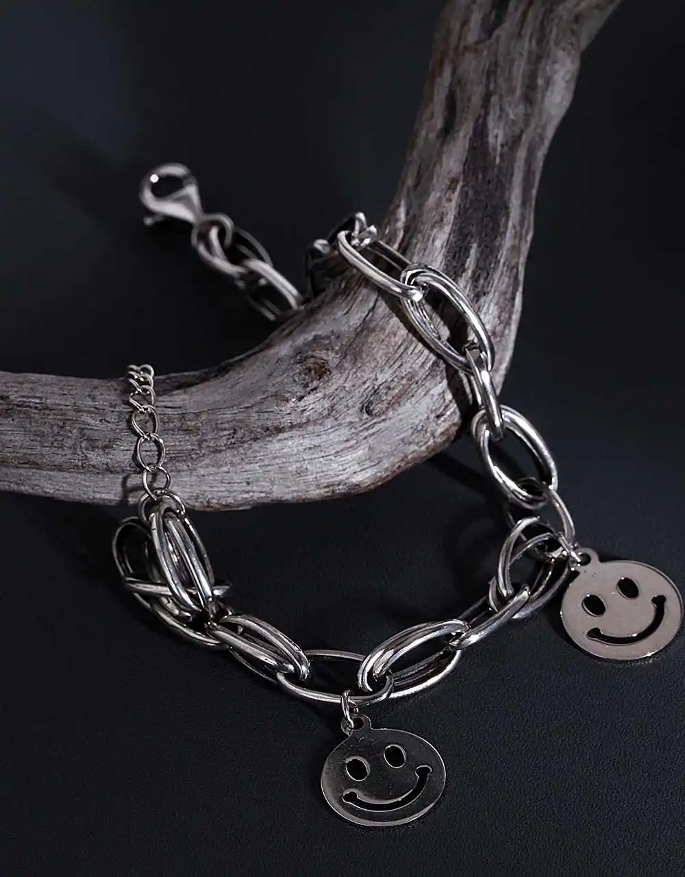 

925 Sterling Silver Bracelet Women Vintage Hollow Smiling Face Love Heart Thai Silver Face Charms Bracelet for Women