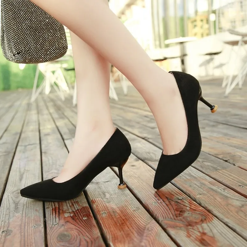 Женские туфли-лодочки с острым носком однотонные туфли из флока на высоком