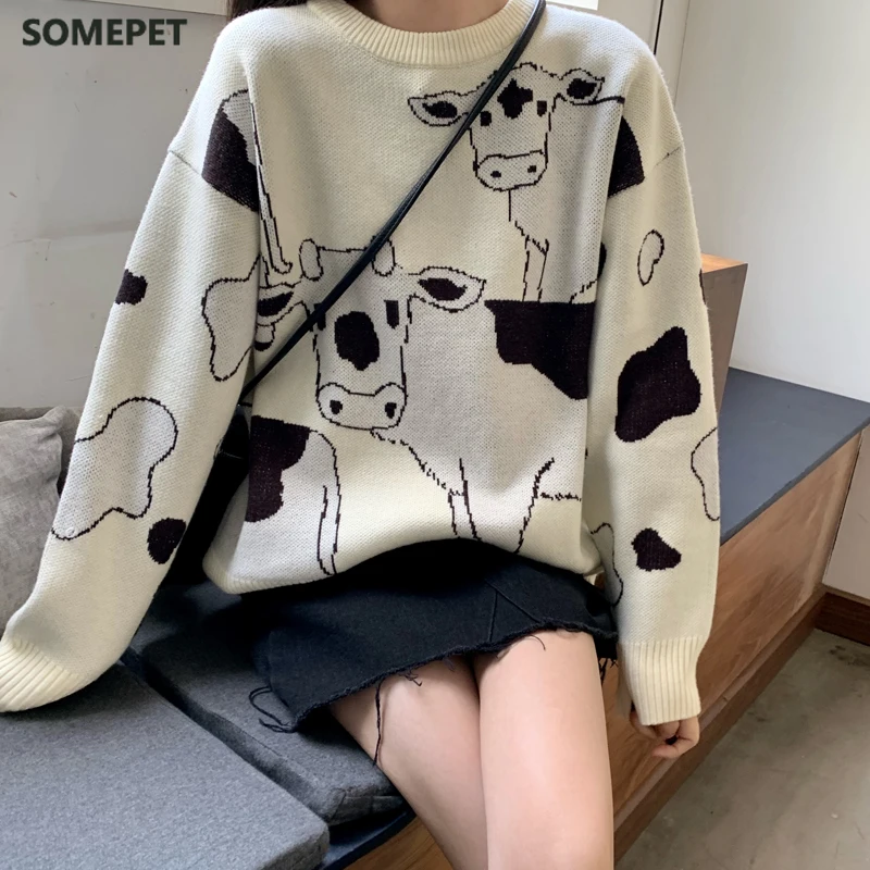 

Vintage Casual Loose Lazy Cow Sweater Female Korean Harajuku Women's Sweaters Japanese Kawaii Cute Clothing For Women