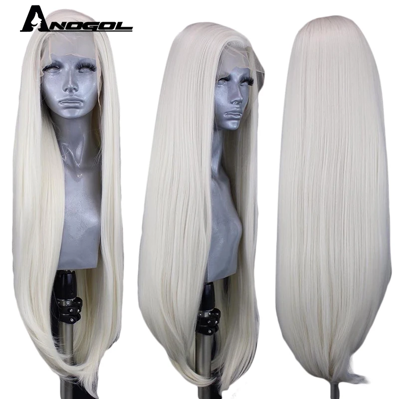 Женский длинный прямой парик с платиновым кружевом из высокотемпературного