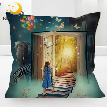BlessLiving Little Girl Cushion Cover Books Ladder Throw Pillow Cover for Kids Rabbit Fairy Tale Funda Cojin Castle Pillowcase 1